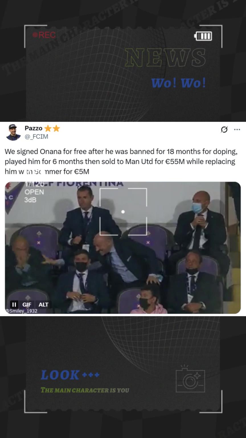 窃喜，国米博主：免签奥纳纳5500万卖给曼联又500万签下索默